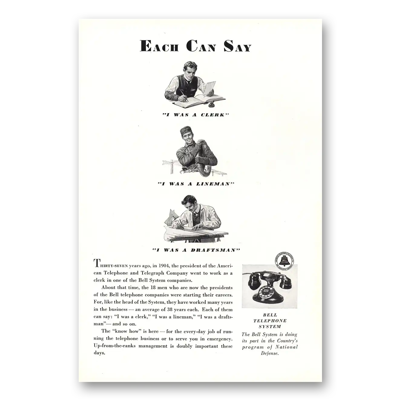 1941 Bell Telephone Each Can Say Clerk Linesman Draftsman Vintage Magazine Print Ad