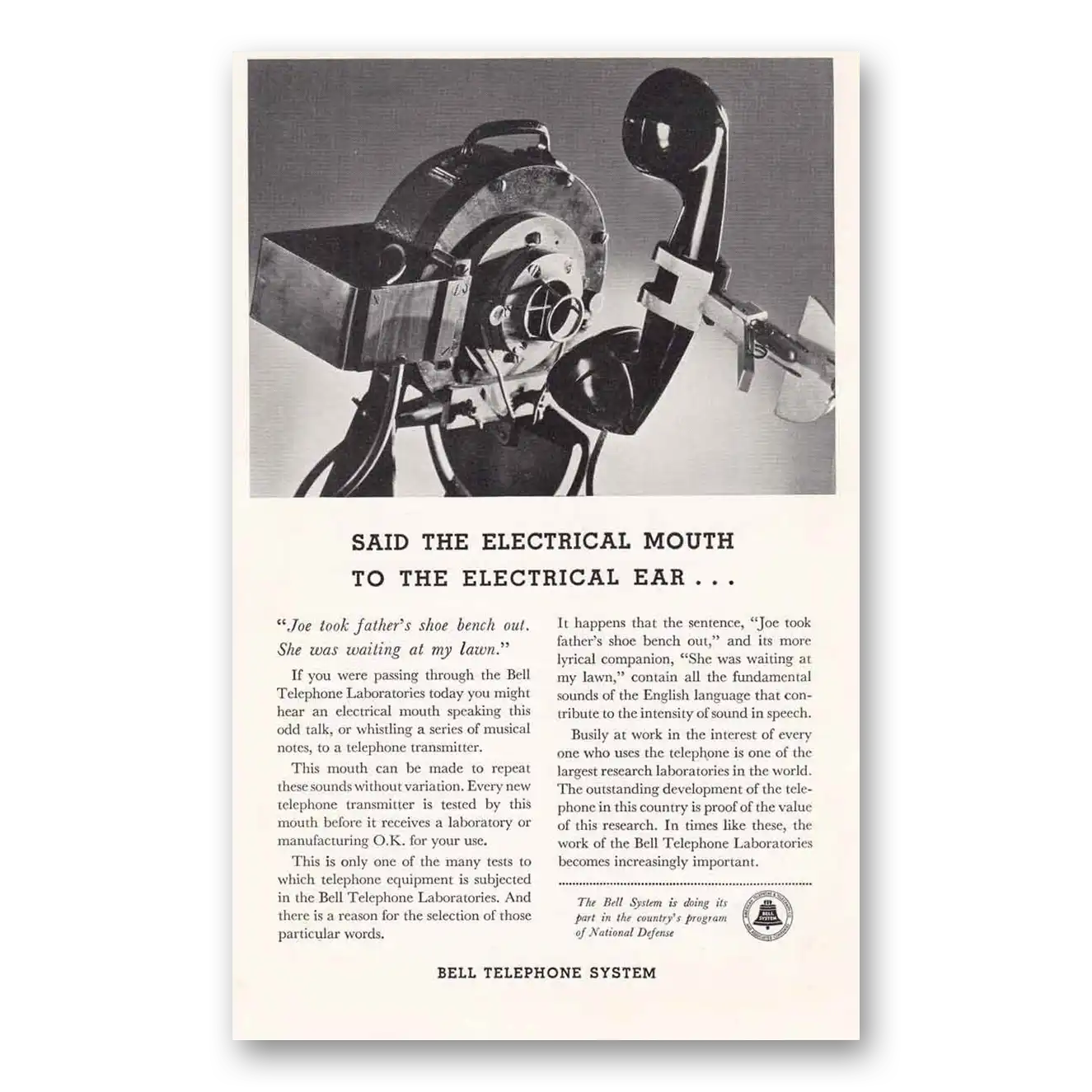 1941 Bell Telephone Said the Electrical Mouth to the Vintage Magazine Print Ad