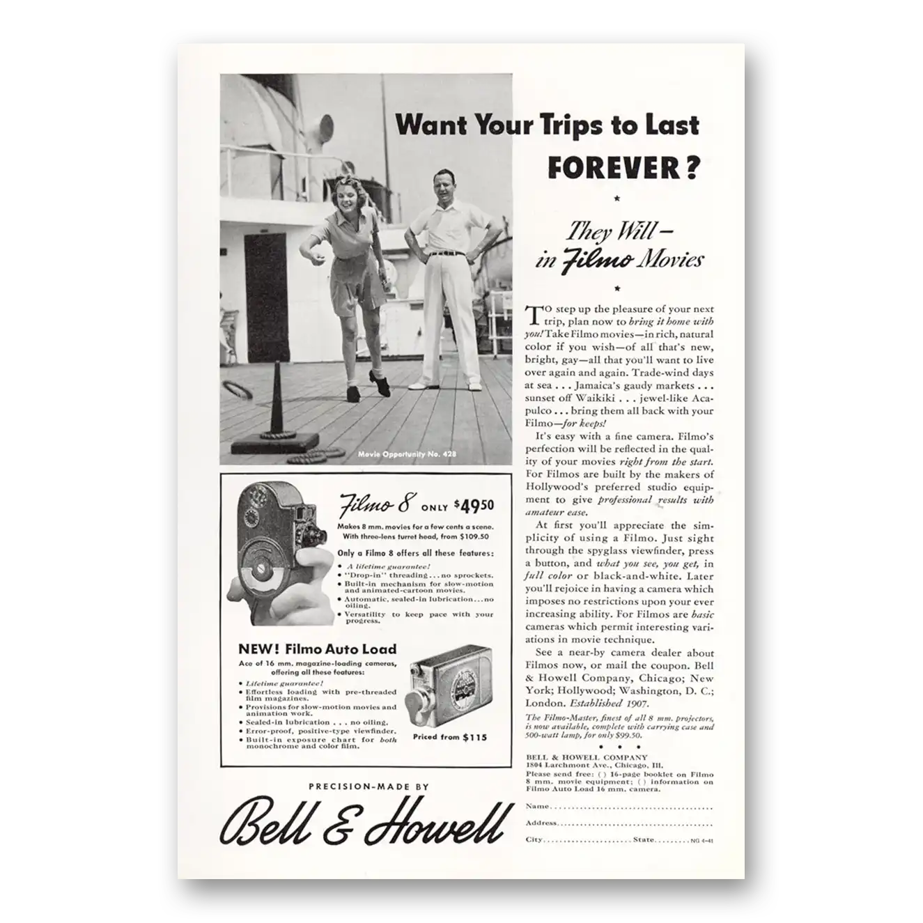 1941 Filmo Camera Want Your Trips to Last Vintage Magazine Print Ad