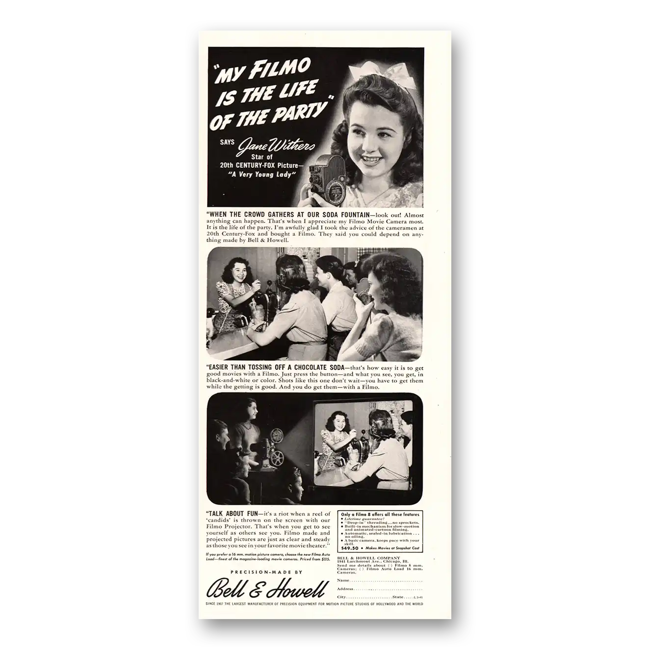 1941 Filmo Camera June Withers Life of the Party Vintage Magazine Print Ad