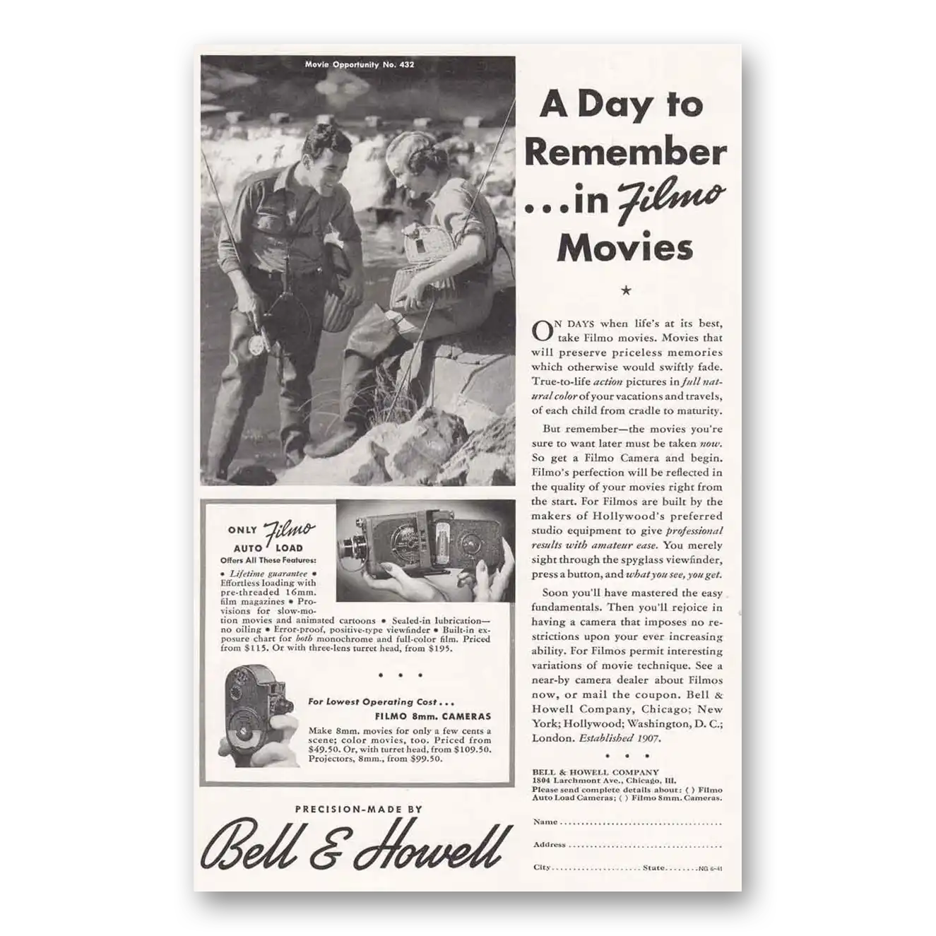 1941 Filmo Camera Day to Remember Vintage Magazine Print Ad