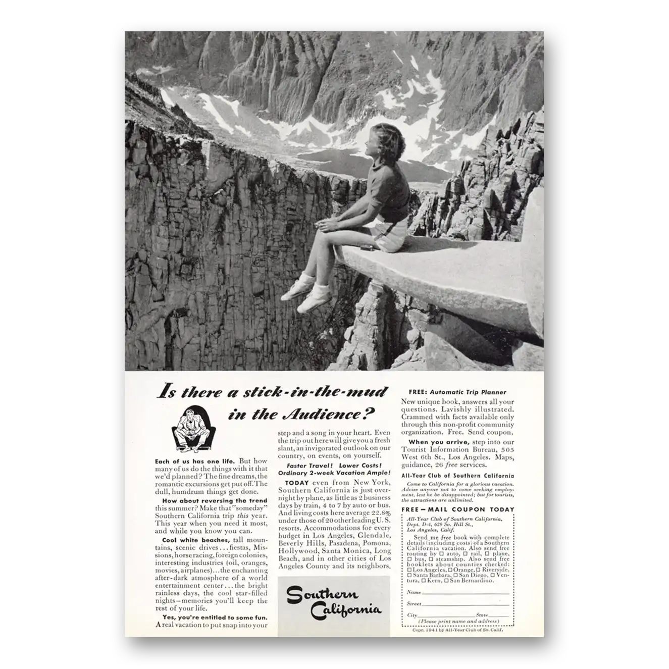 1941 Southern California Stick In the Mud in the Audience Vintage Magazine Print Ad