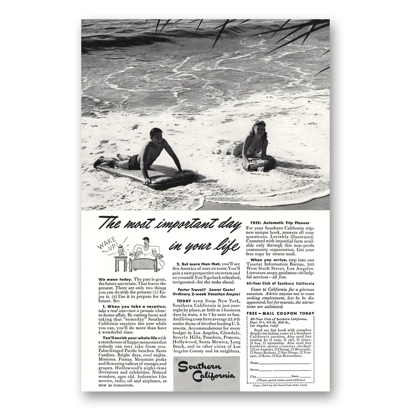 1941 Southern California Most Important Day Beach Vintage Magazine Print Ad