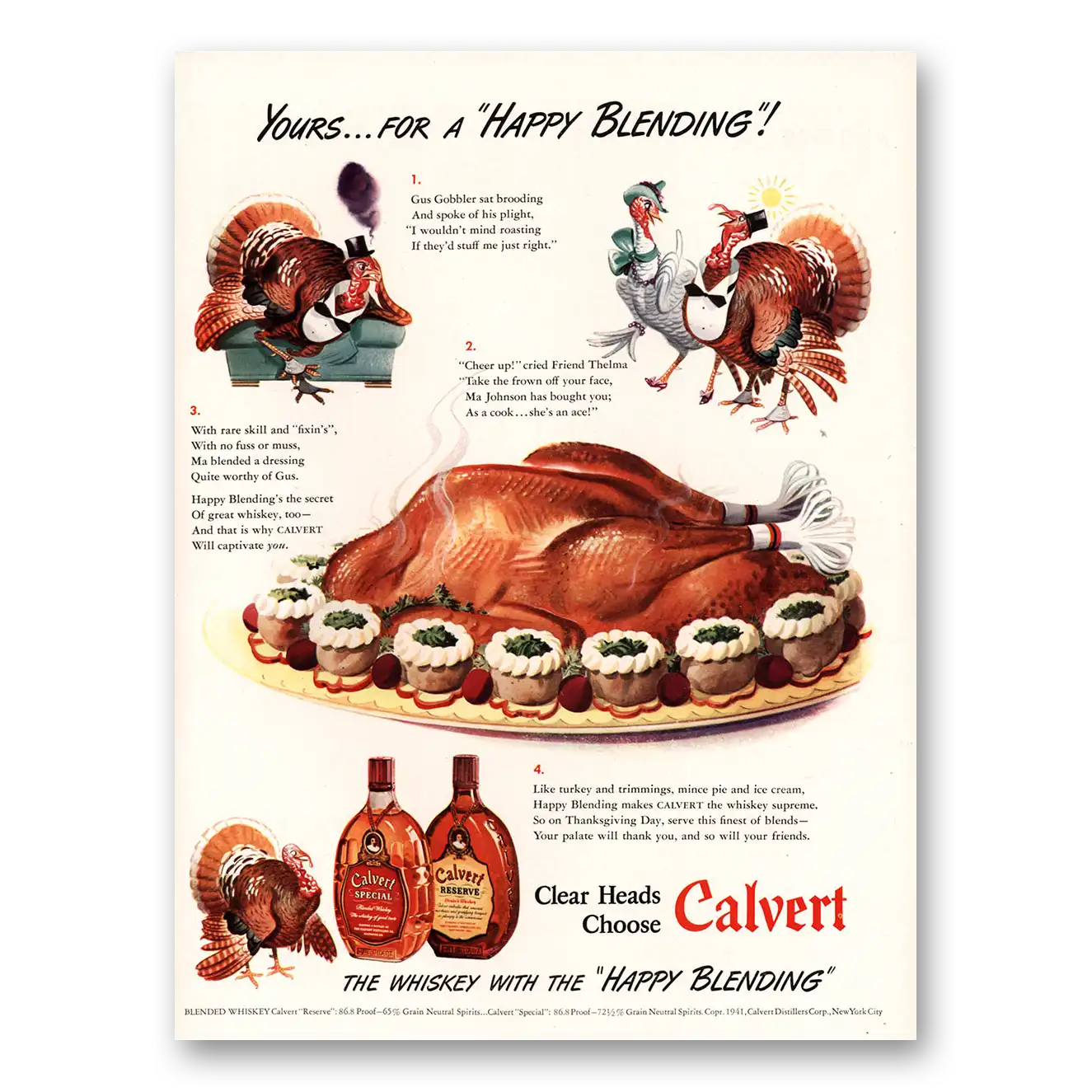 1941 Calvert Whiskey Gus Gobbler Happy Blending Vintage Magazine Print Ad