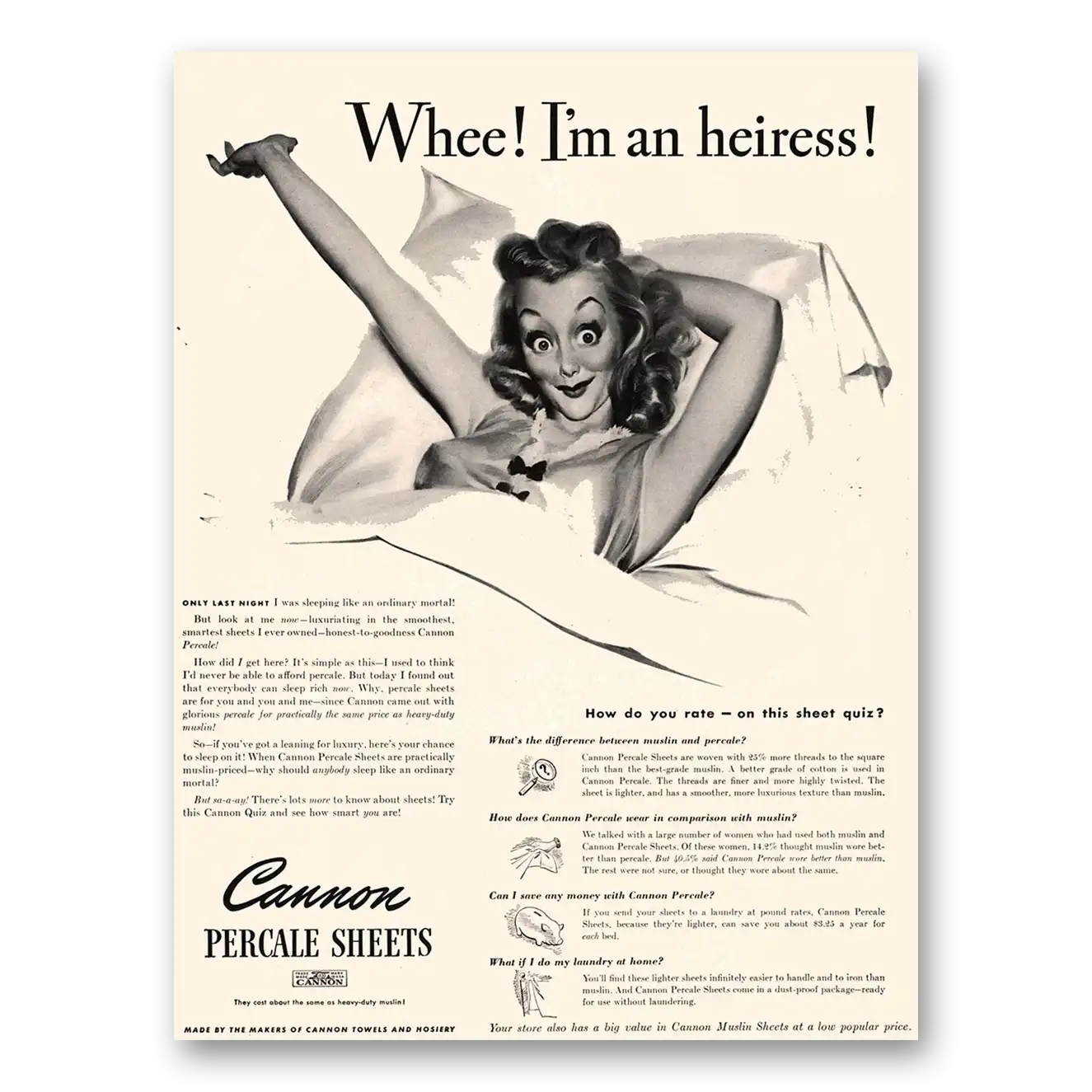 1941 Cannon Percale Sheets Whee Im an Heiress Vintage Magazine Print Ad