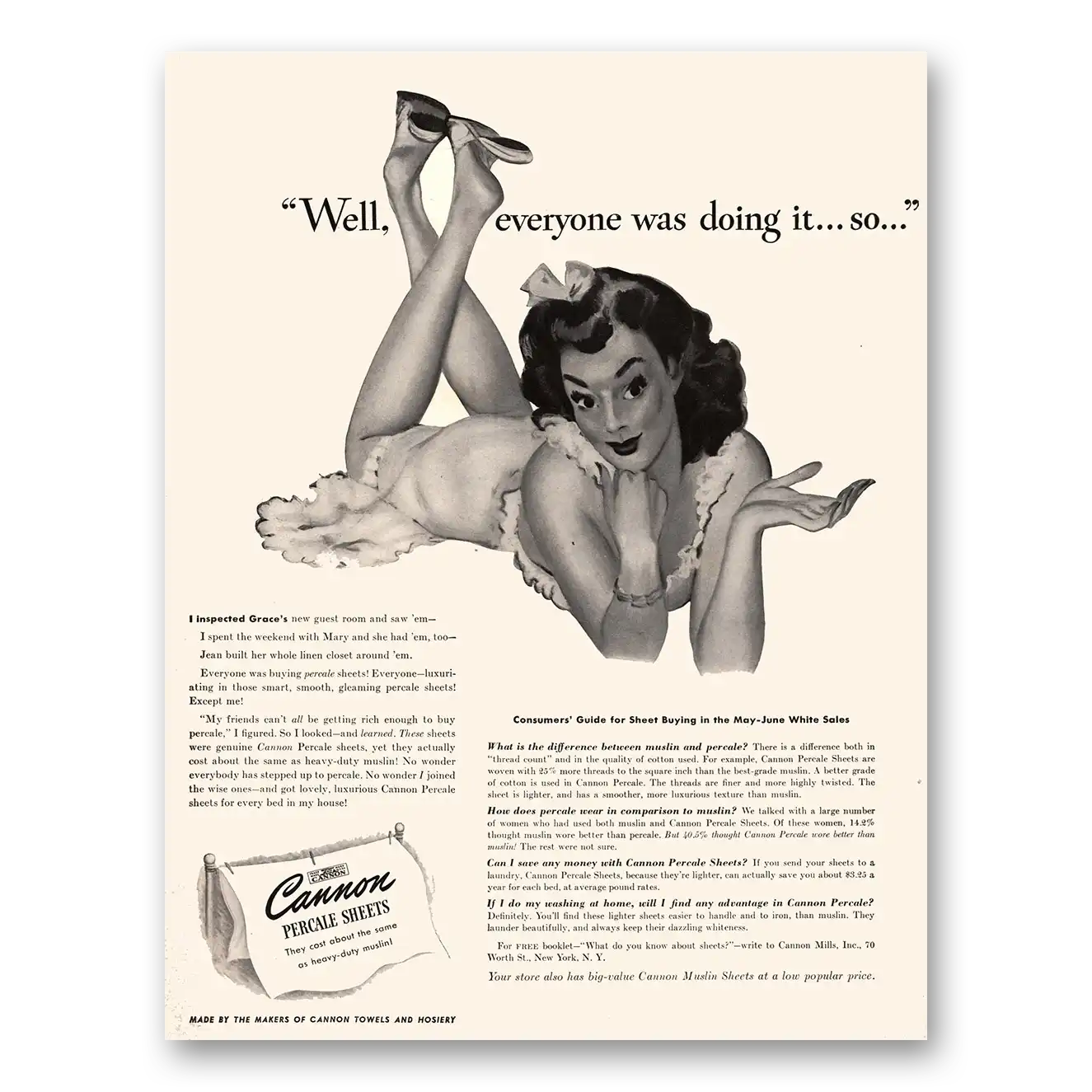 1941 Cannon Percale Sheets Everyone Was Doing It Vintage Magazine Print Ad