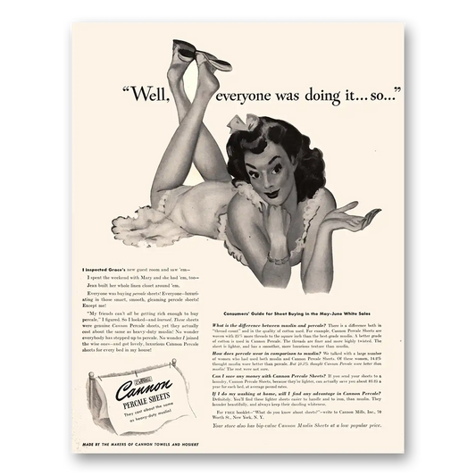 1941 Cannon Percale Sheets Everyone Was Doing It Vintage Magazine Print Ad