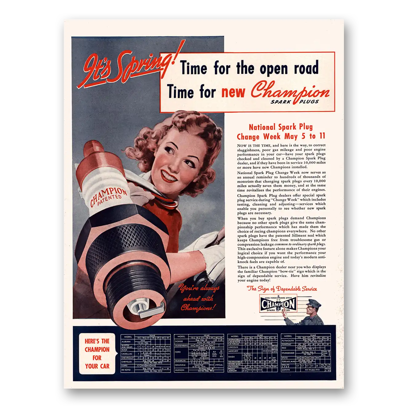 1941 Champion Spark Plugs Time For the Open Road Vintage Magazine Print Ad