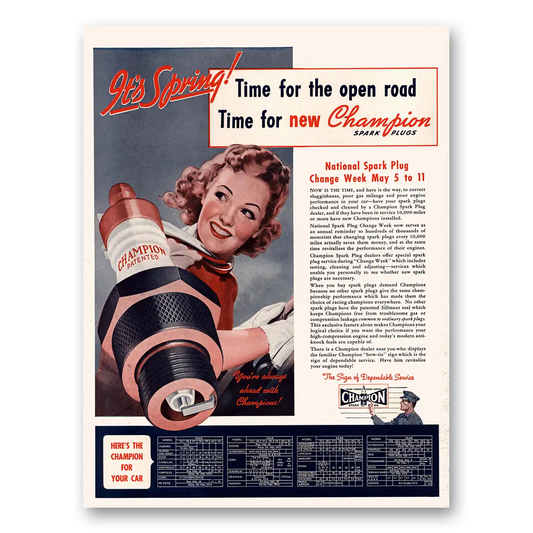 1941 Champion Spark Plugs Time For the Open Road Vintage Magazine Print Ad