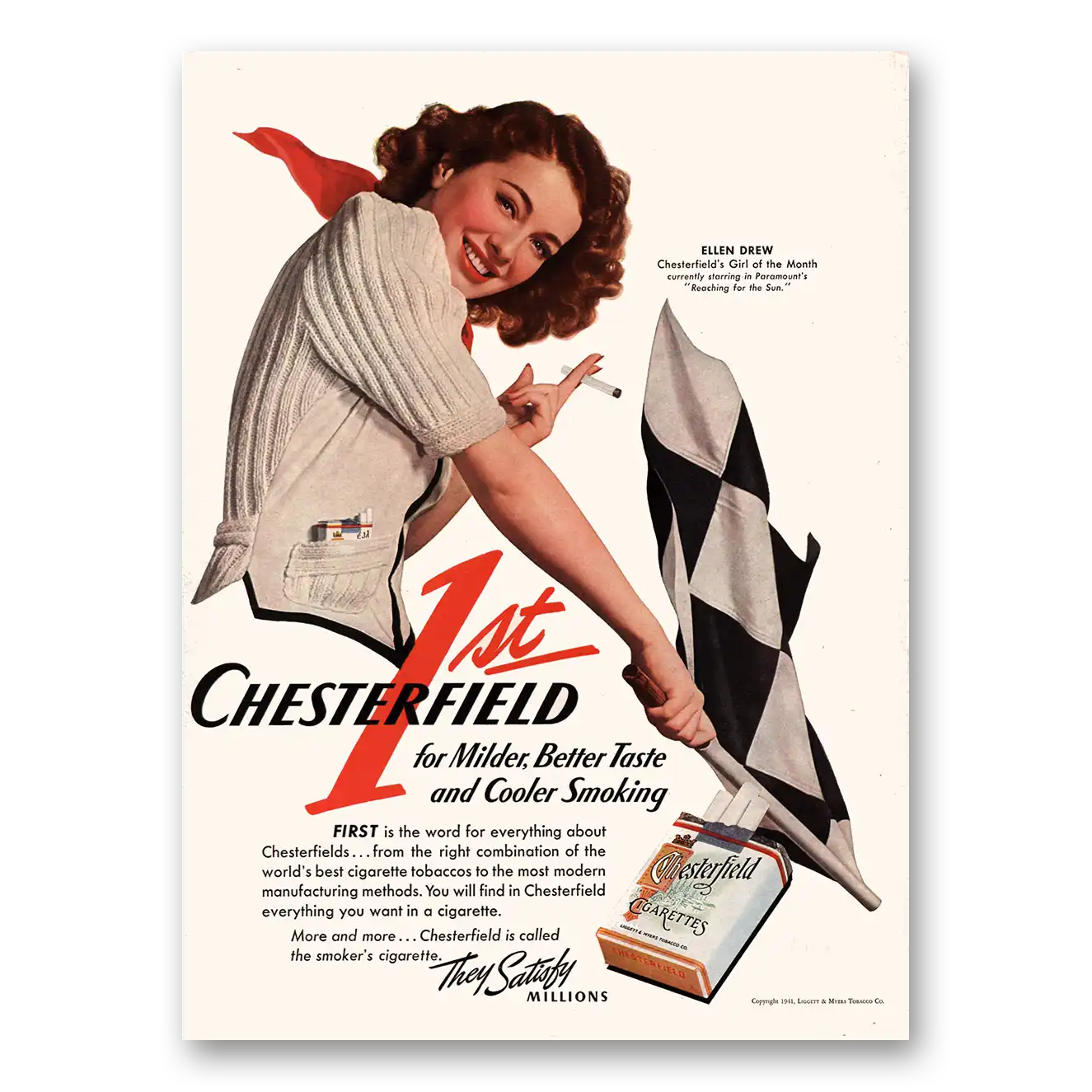 1941 Chesterfield Cigarettes Ellen Drew Girl of the Month Vintage Magazine Print Ad