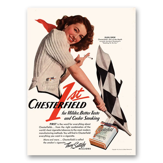 1941 Chesterfield Cigarettes Ellen Drew Girl of the Month Vintage Magazine Print Ad