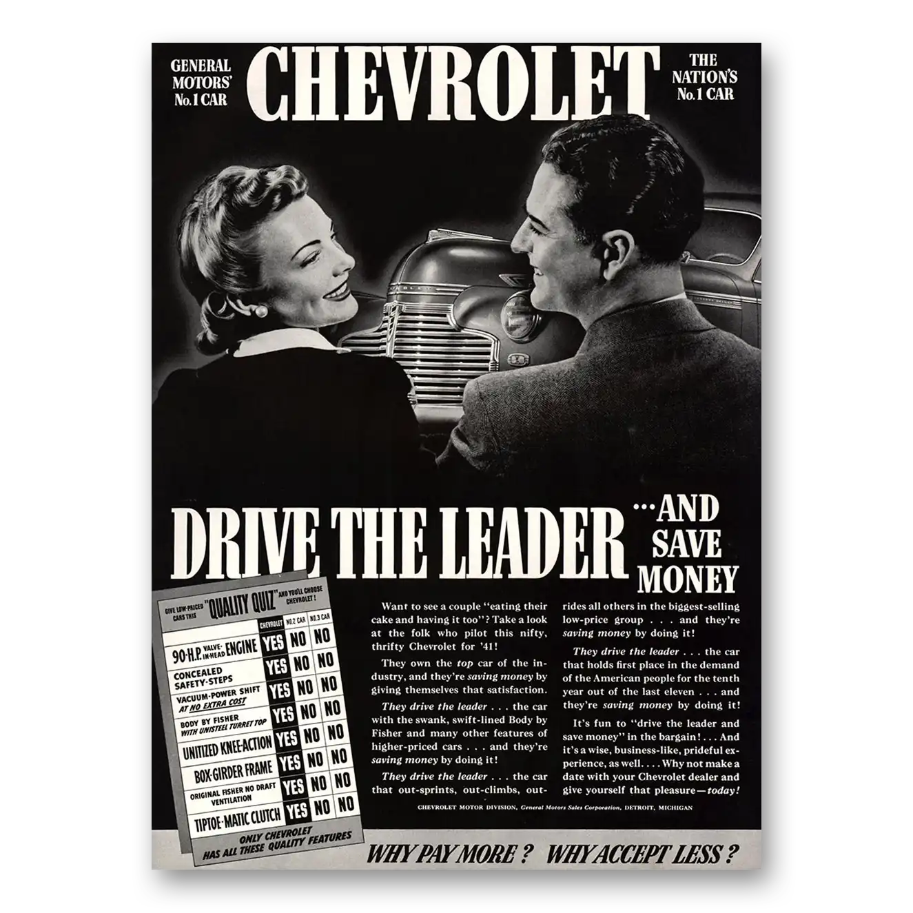 1941 Chevrolet Drive the Leader Vintage Magazine Print Ad