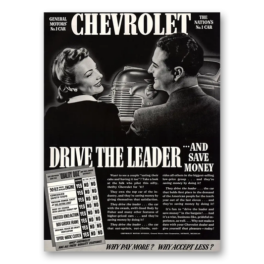 1941 Chevrolet Drive the Leader Vintage Magazine Print Ad