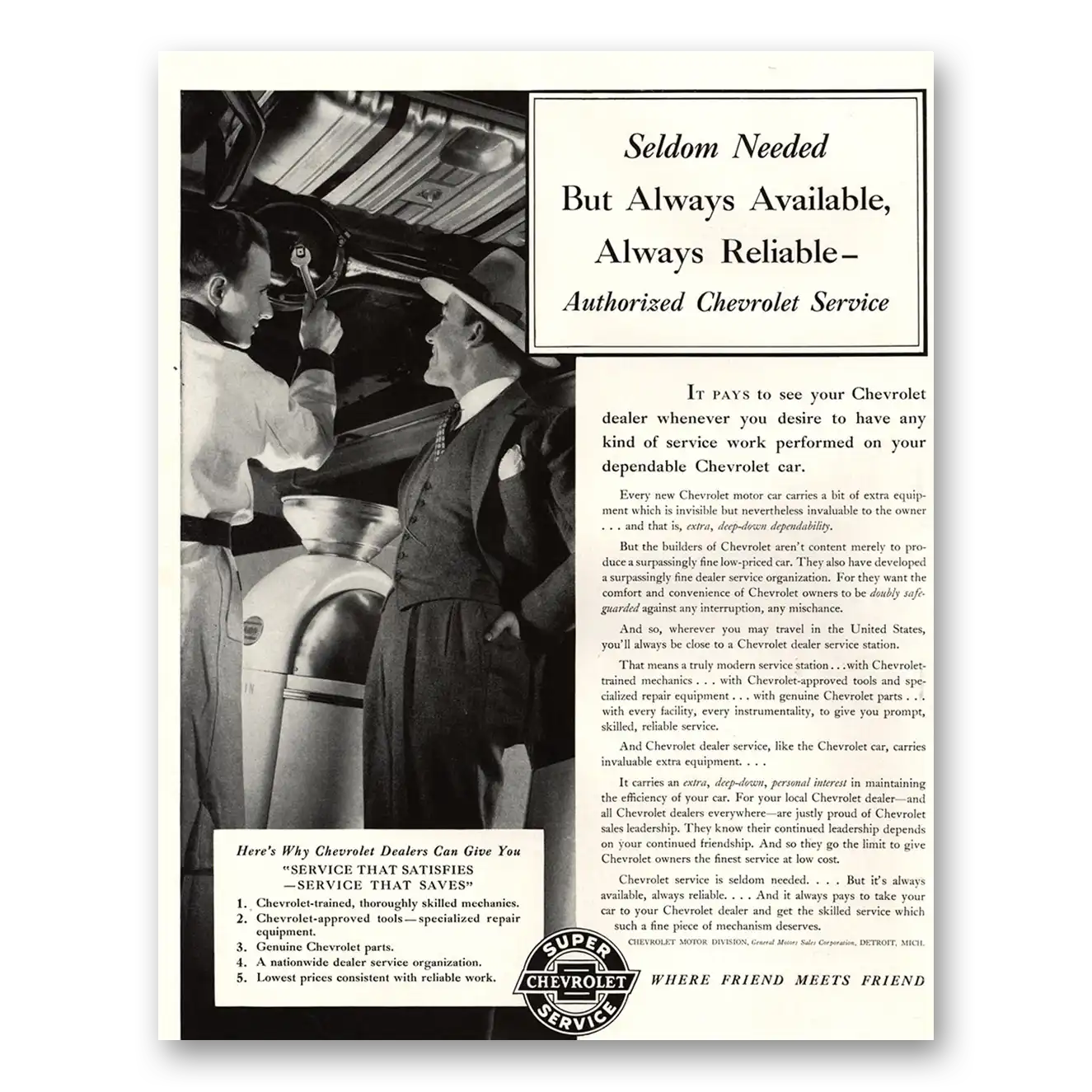 1941 Chevrolet Seldom Needed But Always Available Vintage Magazine Print Ad