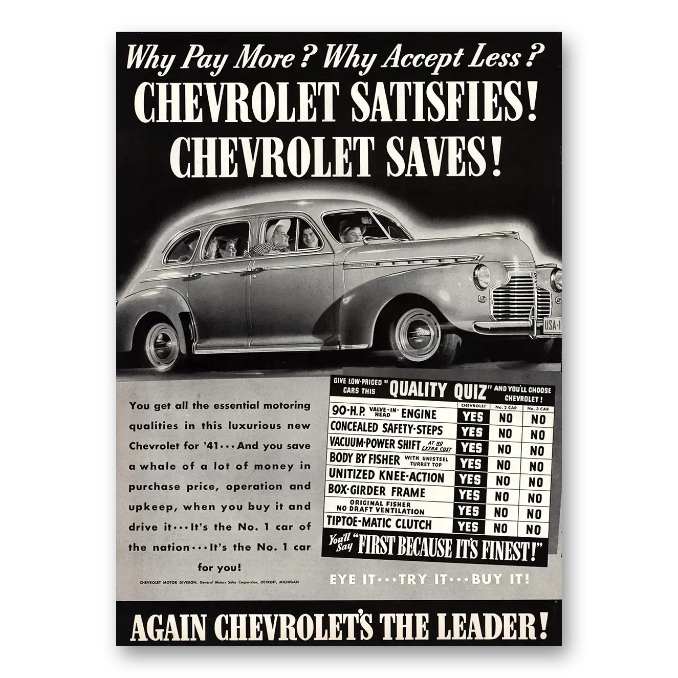 1941 Chevrolet Satisfies Saves Quality Quiz Vintage Magazine Print Ad