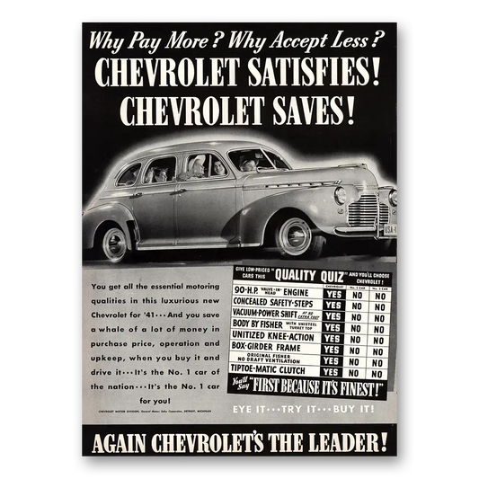 1941 Chevrolet Satisfies Saves Quality Quiz Vintage Magazine Print Ad