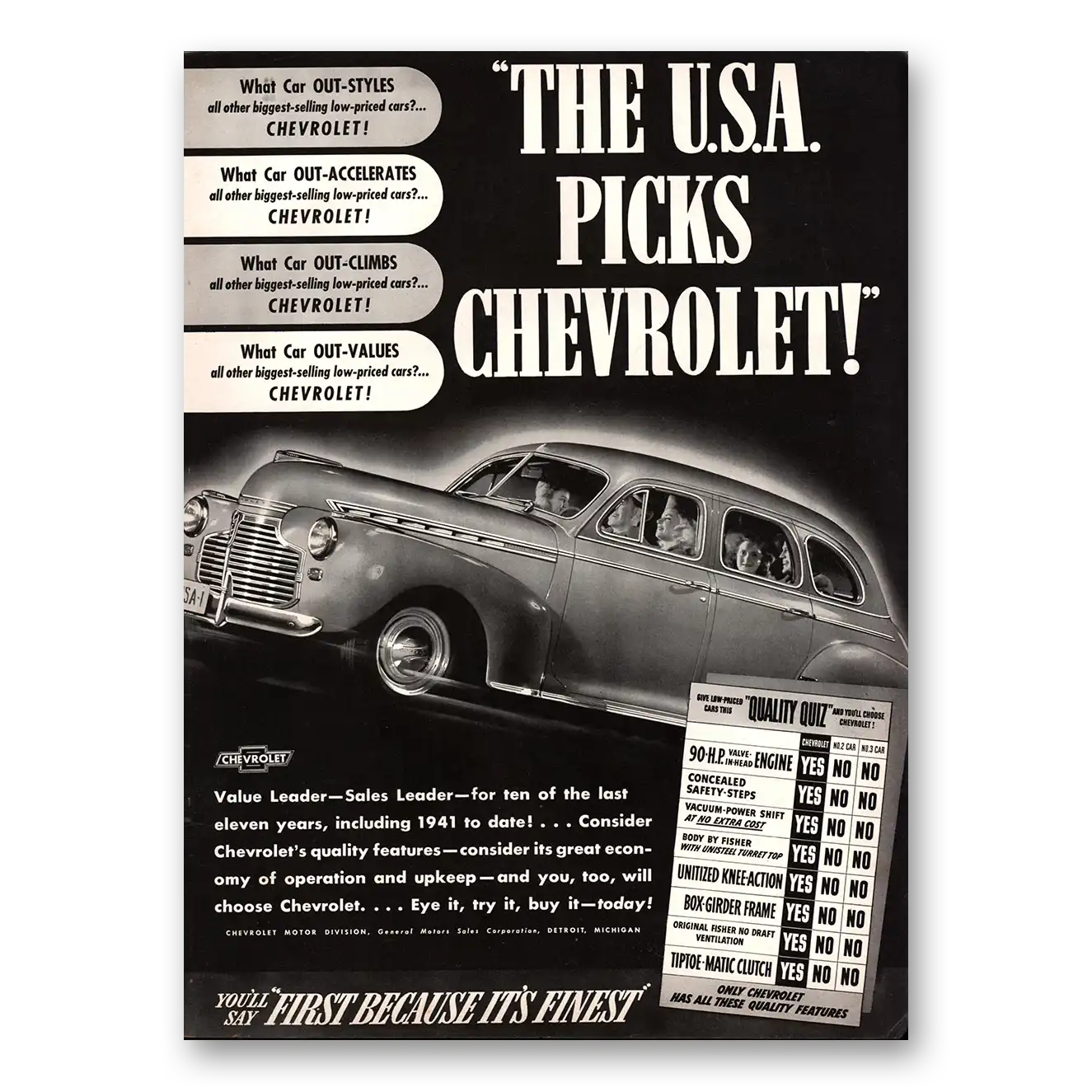 1941 Chevrolet USA Picks Chevrolet Vintage Magazine Print Ad