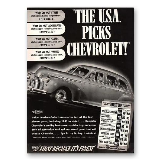 1941 Chevrolet USA Picks Chevrolet Vintage Magazine Print Ad