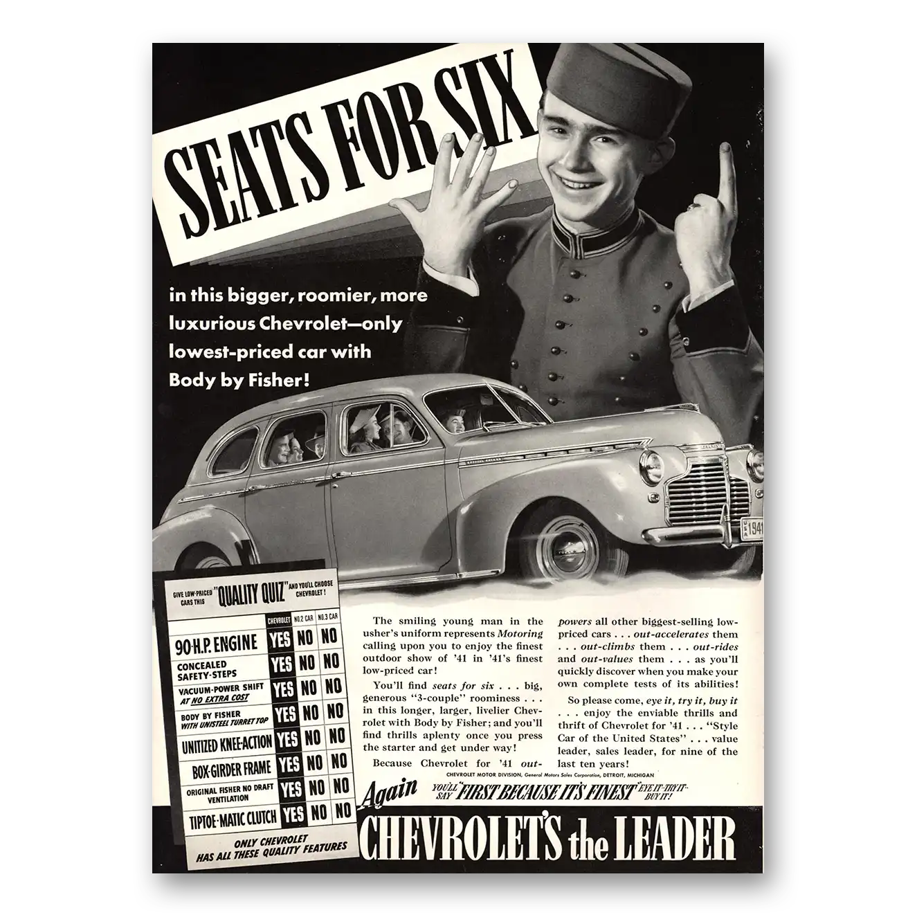 1941 Chevrolet Seats for Six Bigger Roomier Vintage Magazine Print Ad