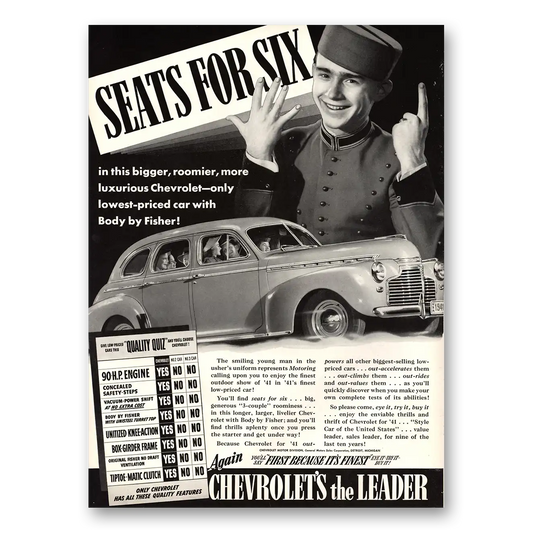 1941 Chevrolet Seats for Six Bigger Roomier Vintage Magazine Print Ad