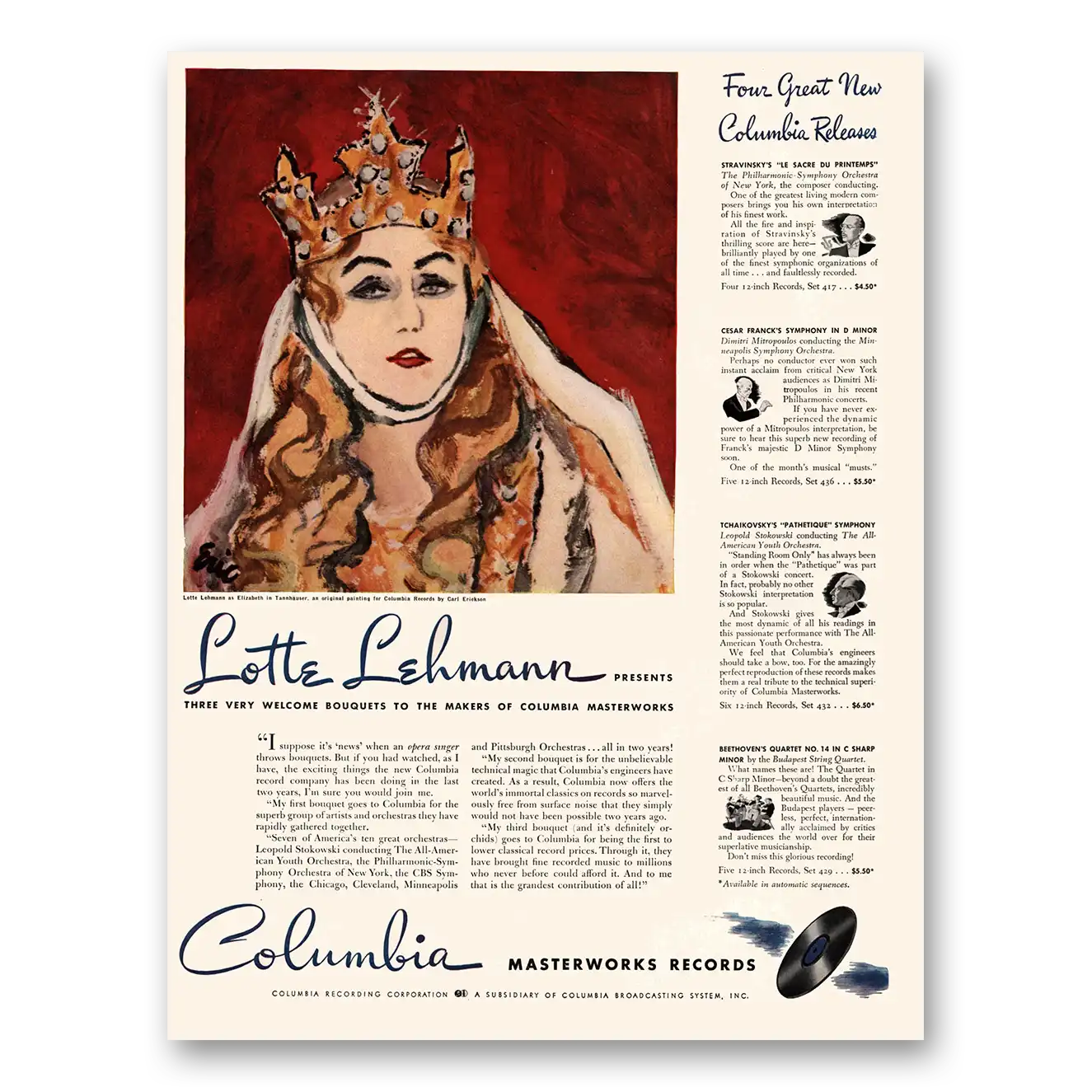 1941 Columbia Records Masterworks Records Lotte Lehmann Vintage Magazine Print Ad