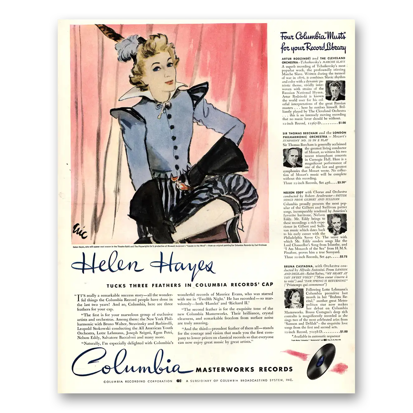 1941 Columbia Records Helen Hayes Vintage Magazine Print Ad