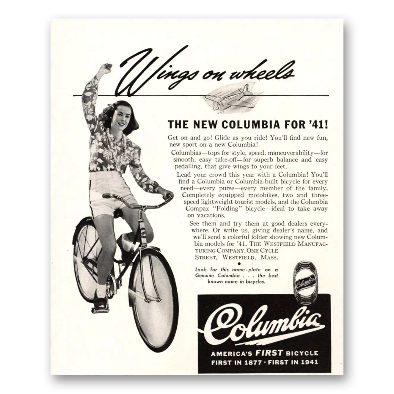 1941 Columbia Bicycles Wings On Wheels Vintage Magazine Print Ad