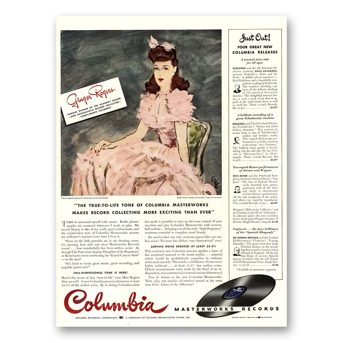 1941 Columbia Records Ginger Rogers Vintage Magazine Print Ad