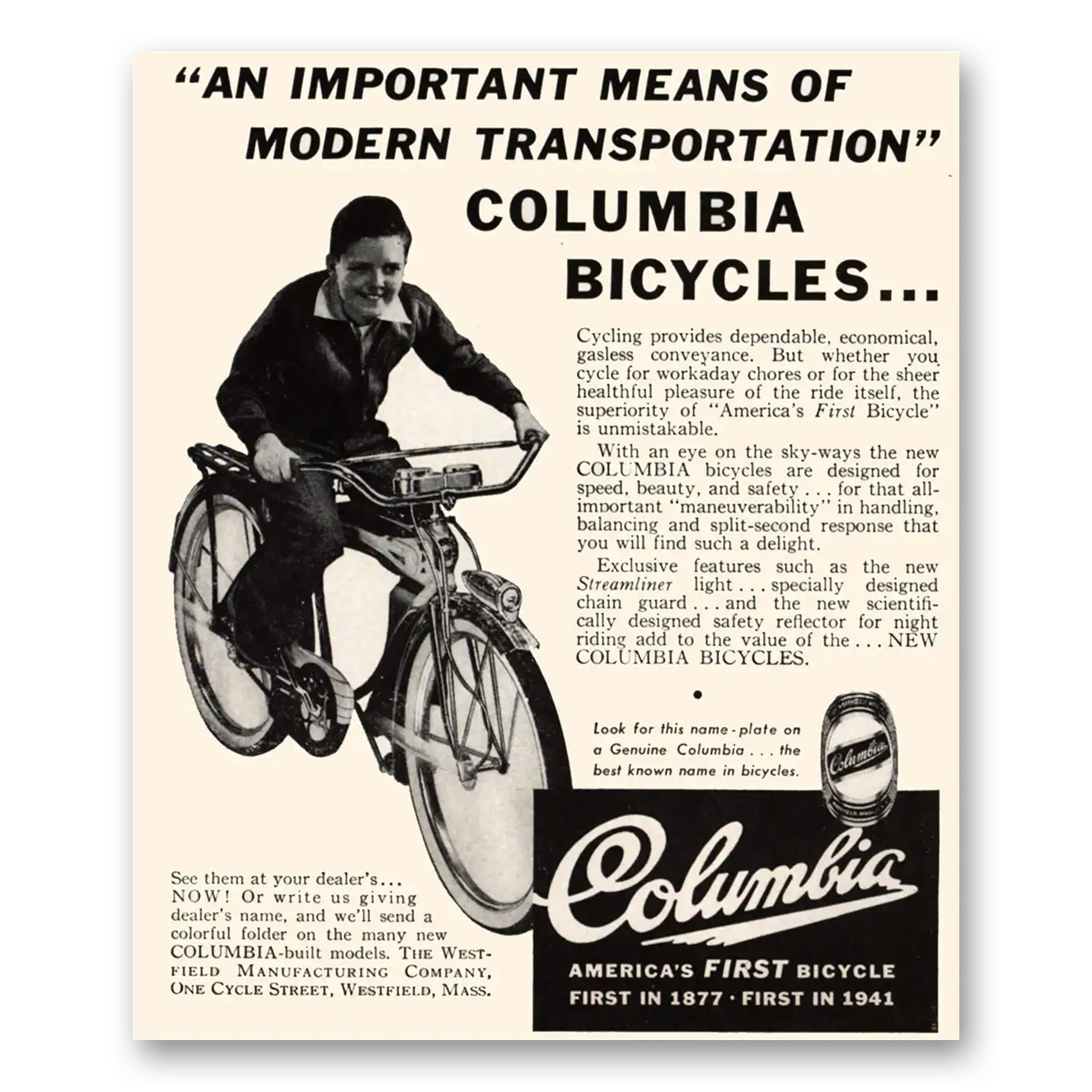 1941 Columbia Bicycles Modern Transportation Vintage Magazine Print Ad