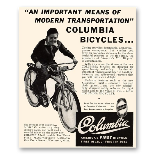 1941 Columbia Bicycles Modern Transportation Vintage Magazine Print Ad