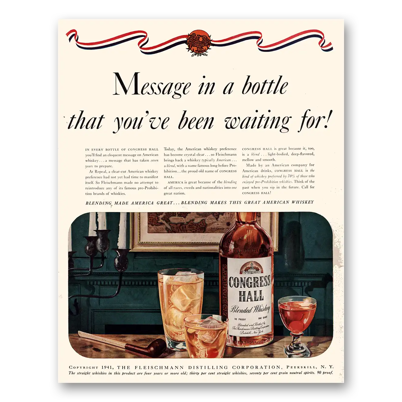 1941 Congress Hall Whiskey Message In a Bottle Vintage Magazine Print Ad