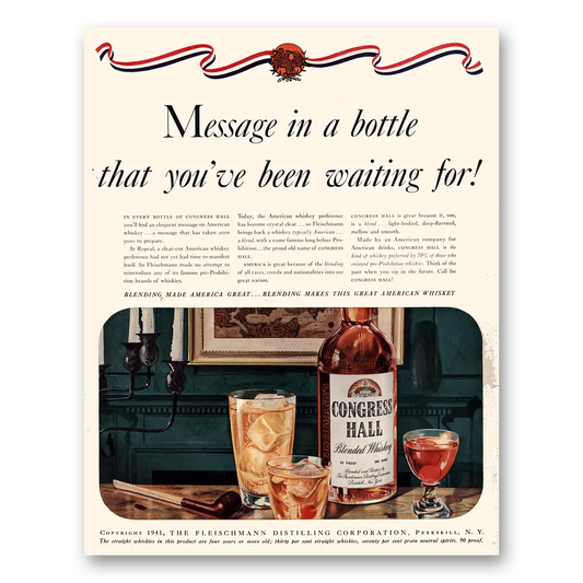 1941 Congress Hall Whiskey Message In a Bottle Vintage Magazine Print Ad