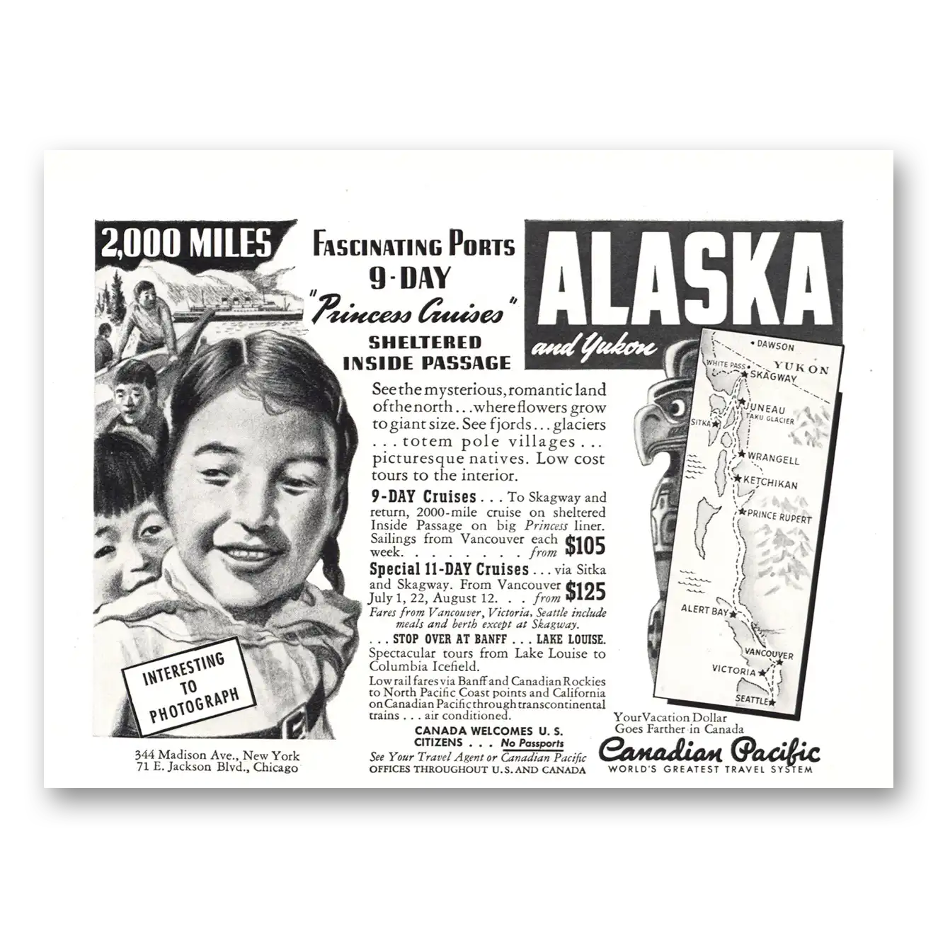 1941 Canadian Pacific Miles Alaska Yukon Princess Cruises Vintage Magazine Print Ad