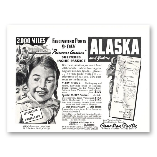 1941 Canadian Pacific Miles Alaska Yukon Princess Cruises Vintage Magazine Print Ad