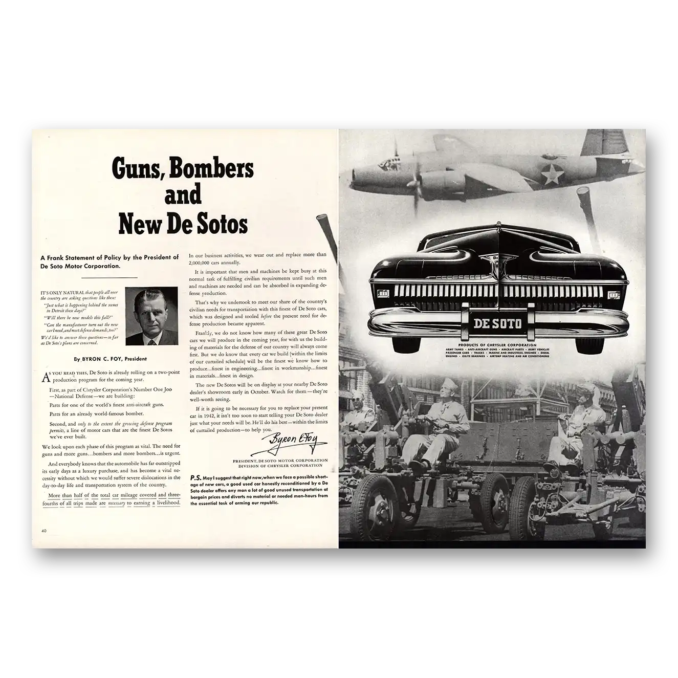 1941 DeSoto Guns Bombers and New DeSotos Vintage Magazine Print Ad