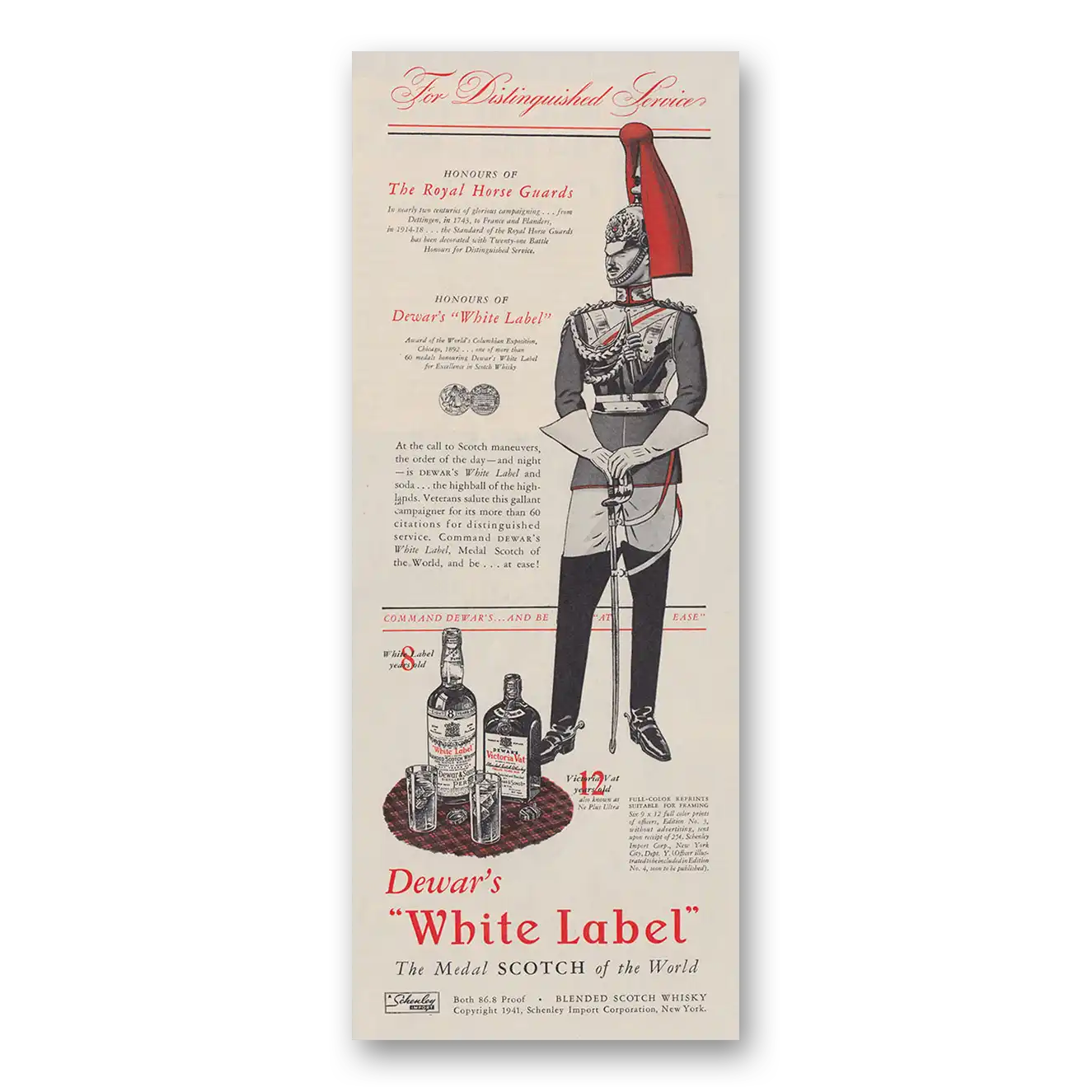 1941 Dewars White Label Honours of The Royal Horse Guards Vintage Magazine Print Ad