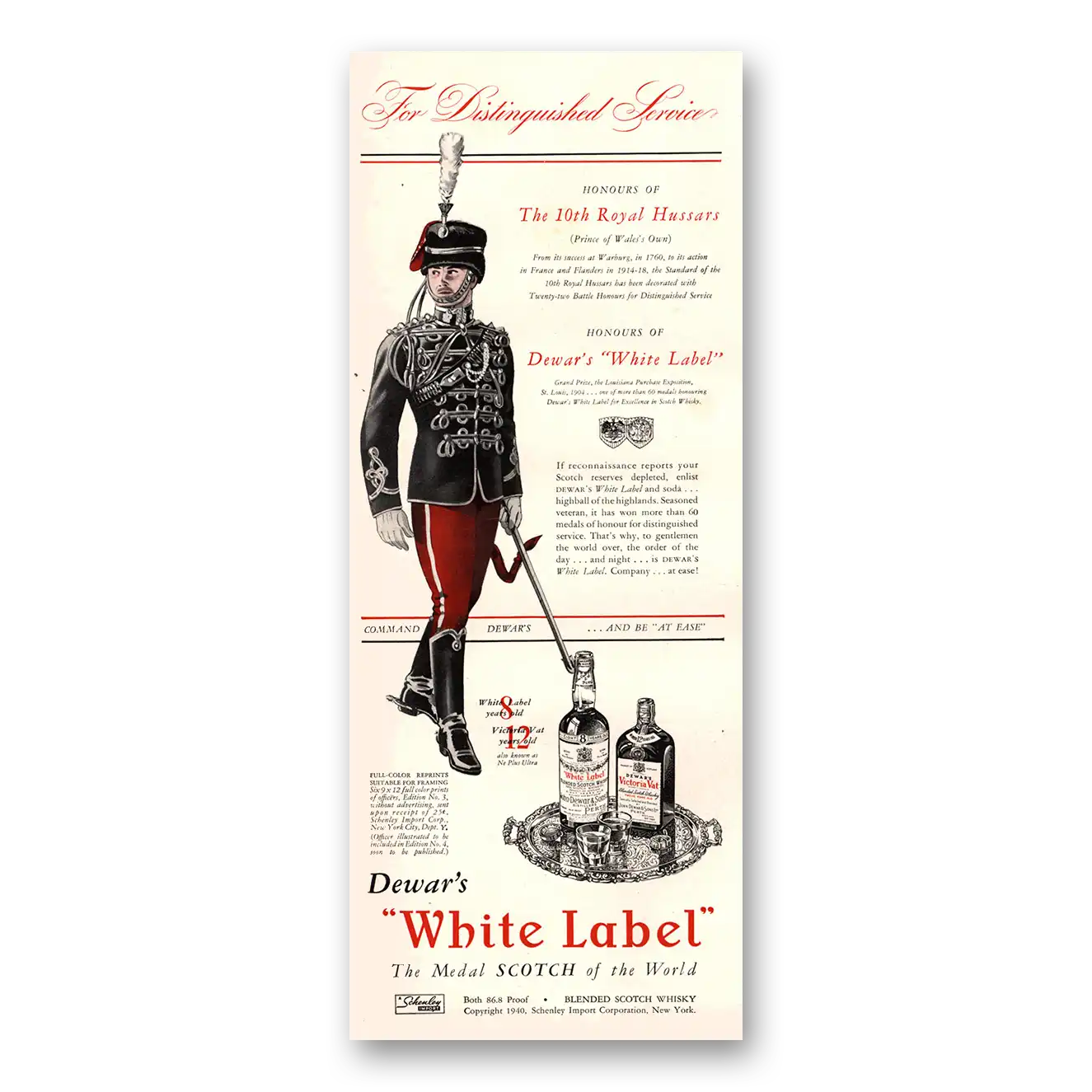 1941 Dewars White Label 10th Royal Hussars Vintage Magazine Print Ad