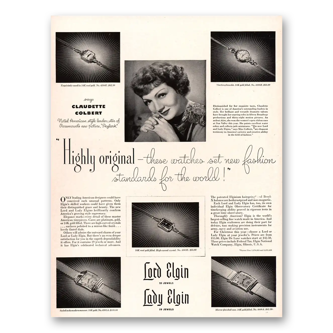 1941 Elgin Watch Lord Elgin Watch Claudette Colbert Vintage Magazine Print Ad