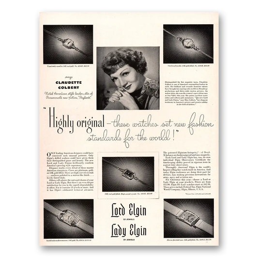 1941 Elgin Watch Lord Elgin Watch Claudette Colbert Vintage Magazine Print Ad