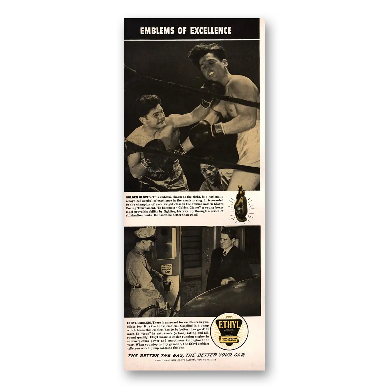 1941 Ethyl Gasoline Golden Gloves Emblems of Excellence Vintage Magazine Print Ad