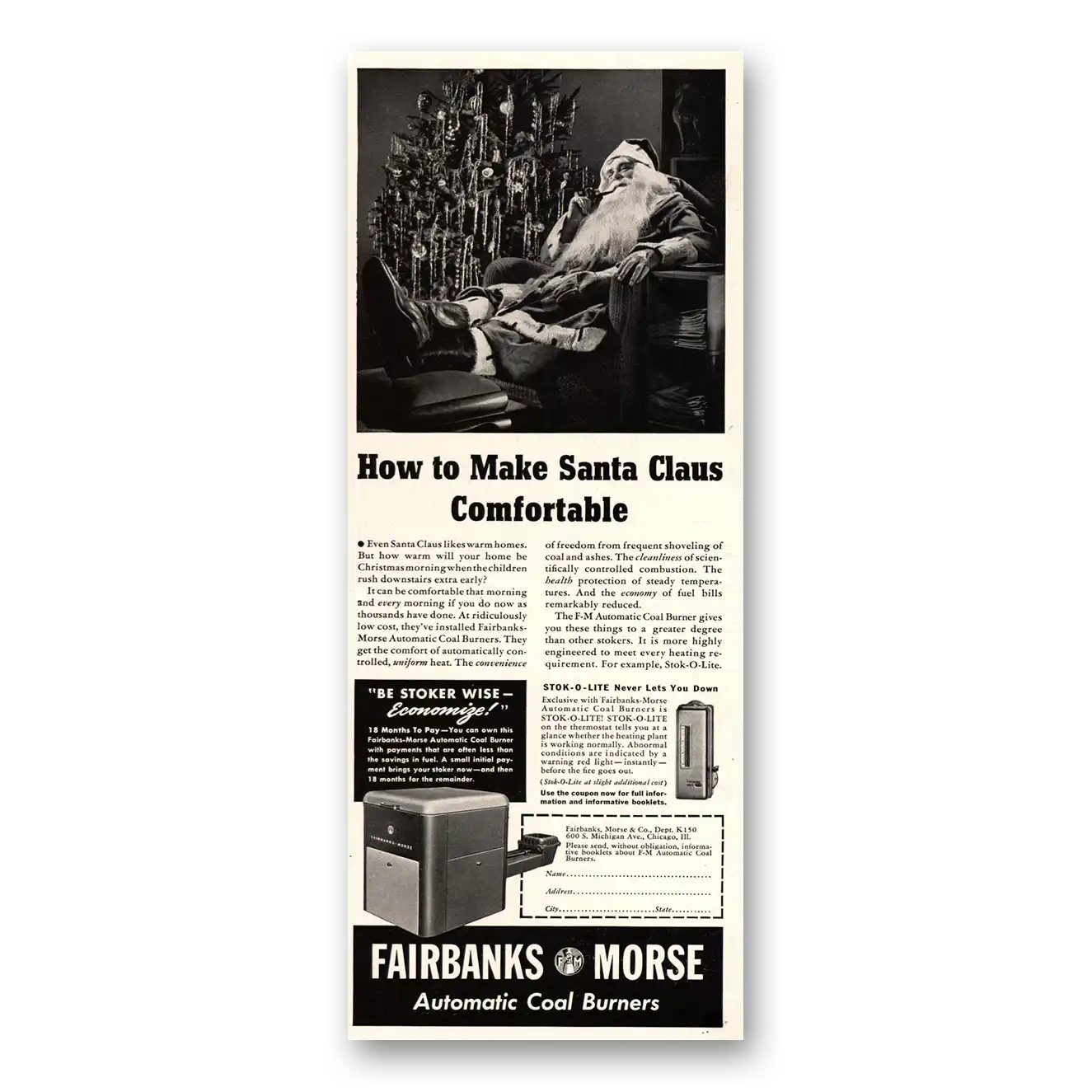 1941 Fairbanks Morse Coal Burners Santa Claus Comfortable Vintage Magazine Print Ad