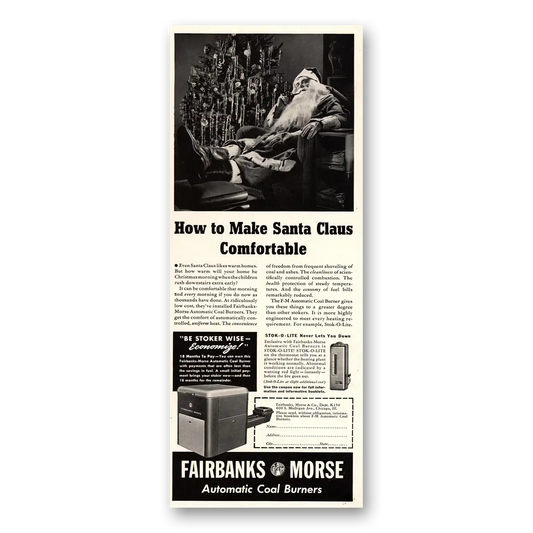 1941 Fairbanks Morse Coal Burners Santa Claus Comfortable Vintage Magazine Print Ad