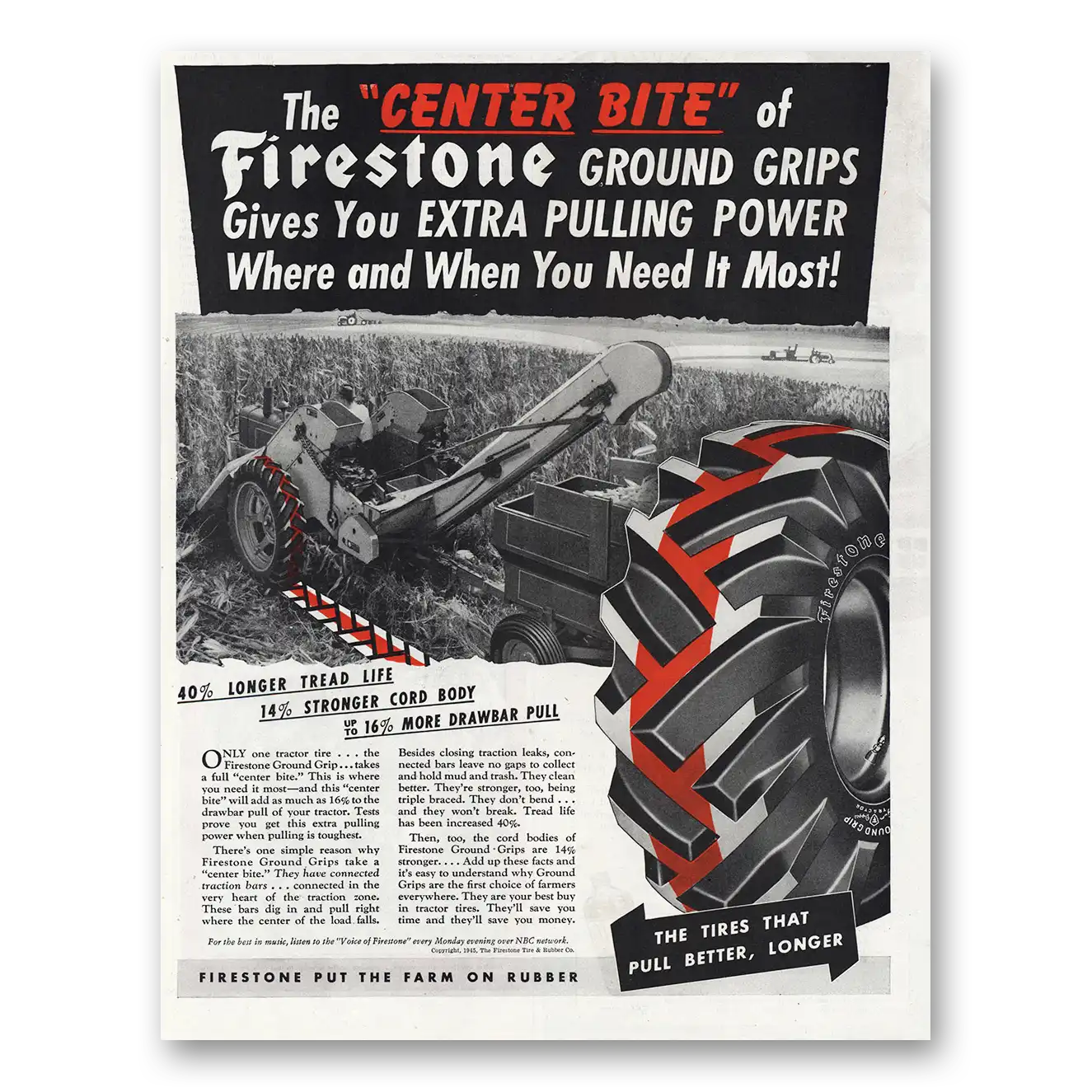 1945 Firestone Tires Ground Grips Tires The Center Bite Vintage Magazine Print Ad