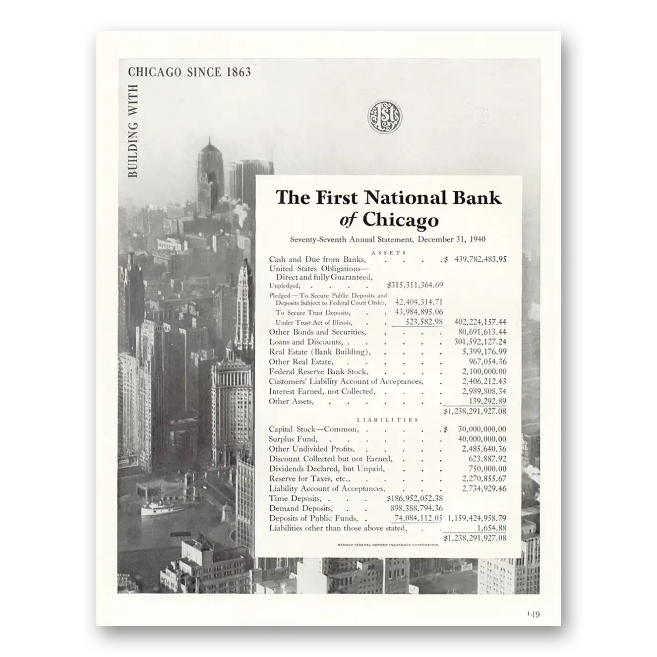 1941 First National Bank of Chicago Annual Statement Vintage Magazine Print Ad