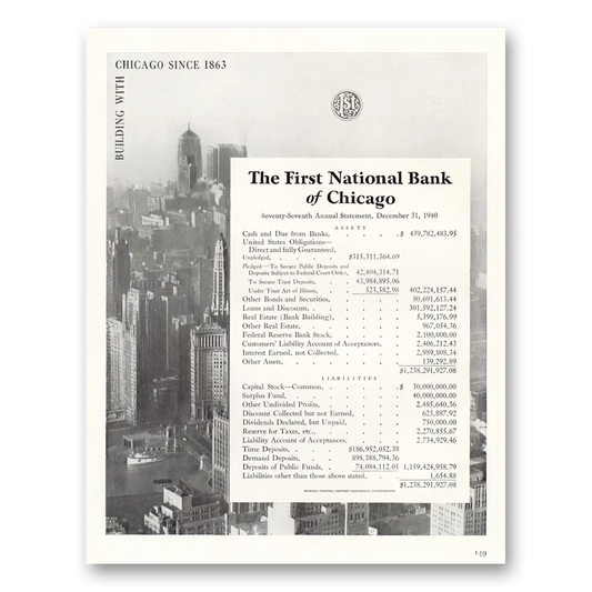 1941 First National Bank of Chicago Annual Statement Vintage Magazine Print Ad