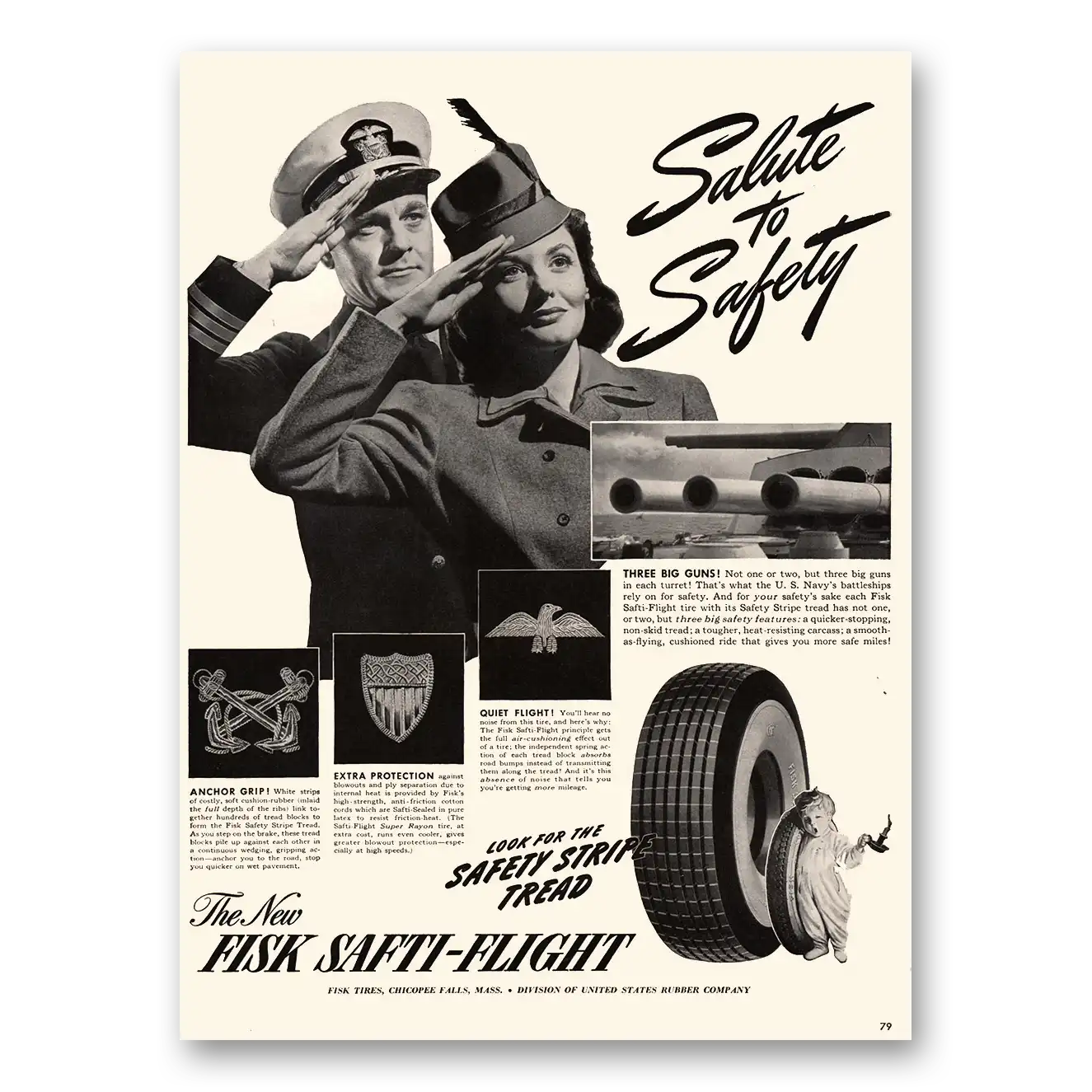 1941 Fisk Tires Safti Flight Tires Salute to Safety Vintage Magazine Print Ad