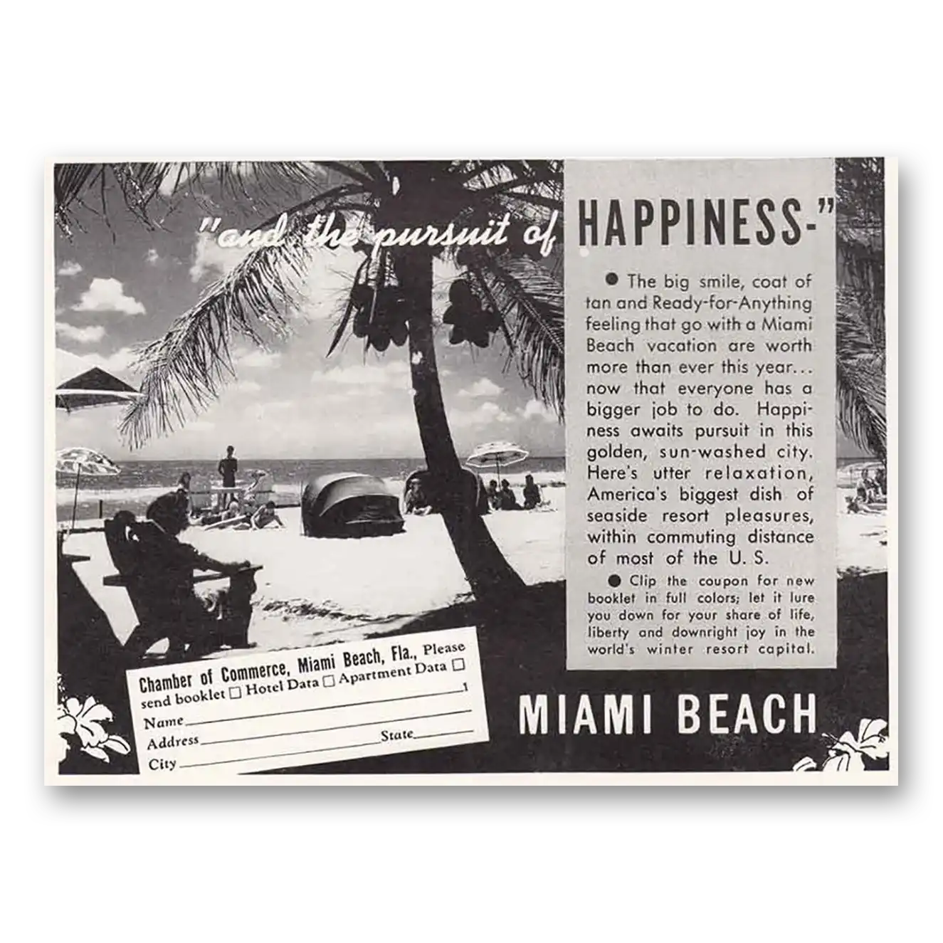 1941 Miami Beach Florida Pursuit of Happiness Vintage Magazine Print Ad