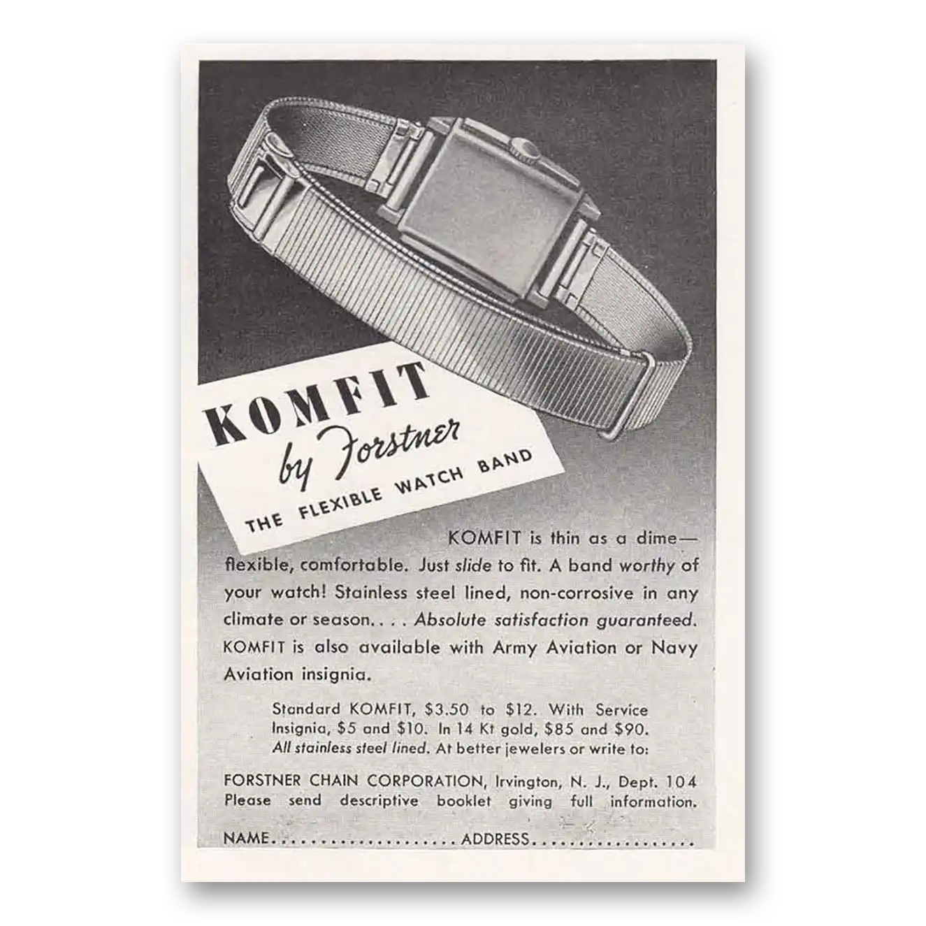 1941 Forstner Komfit Flexible Watch Band Vintage Magazine Print Ad