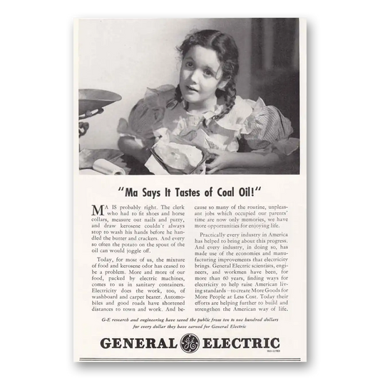 1941 General Electric Ma Says It Tastes of Coal Oil Vintage Magazine Print Ad