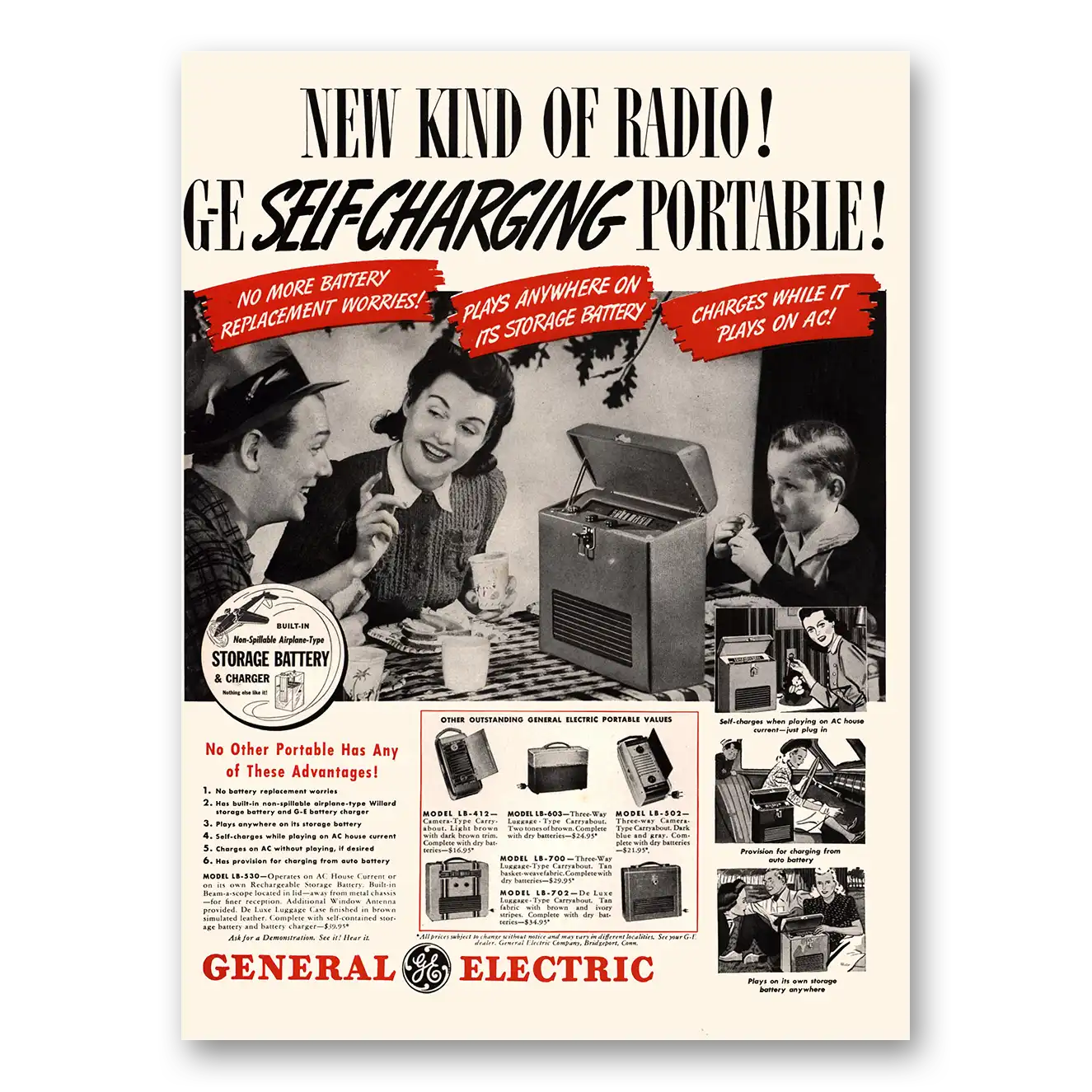 1941 General Electric Radio Self Charging Portable Vintage Magazine Print Ad